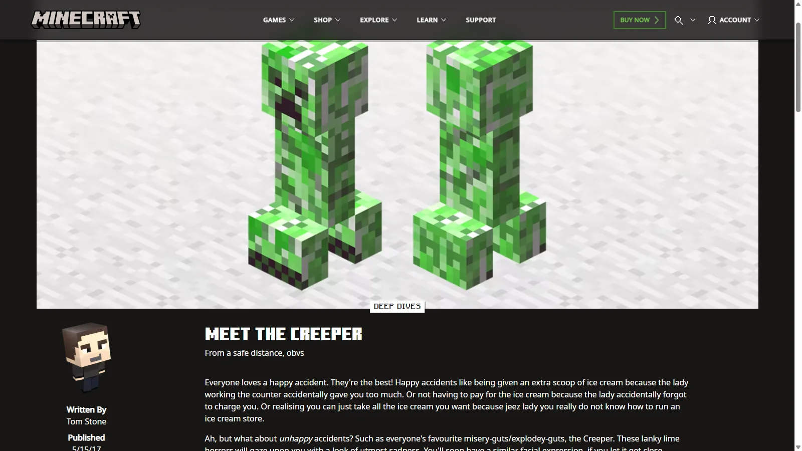 minecraft.net 'Meet the Creeper' 글 화면