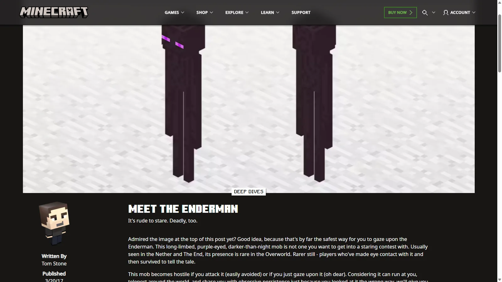 minecraft.net 'Meet the Enderman' 글 화면