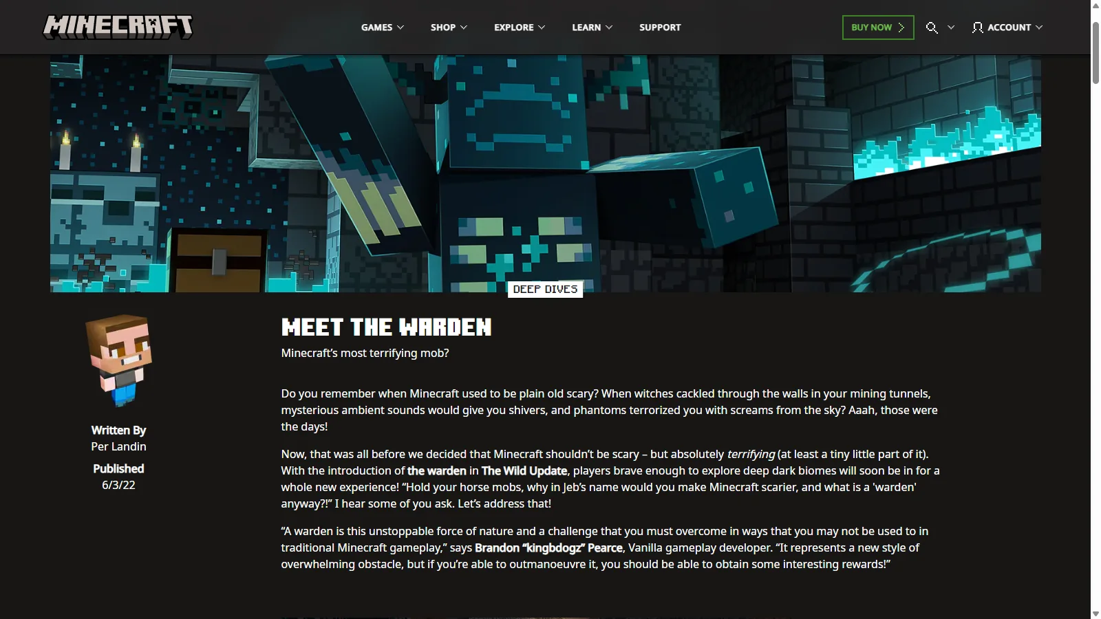 minecraft.net 'Meet the Warden' 글 화면