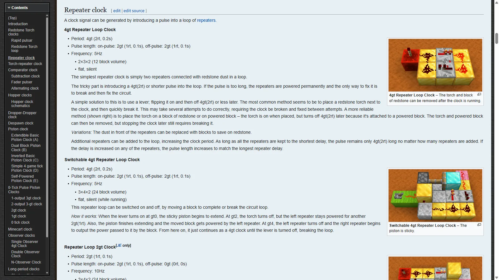 Minecraft Wiki의 리피터 클럭 그림과 설명