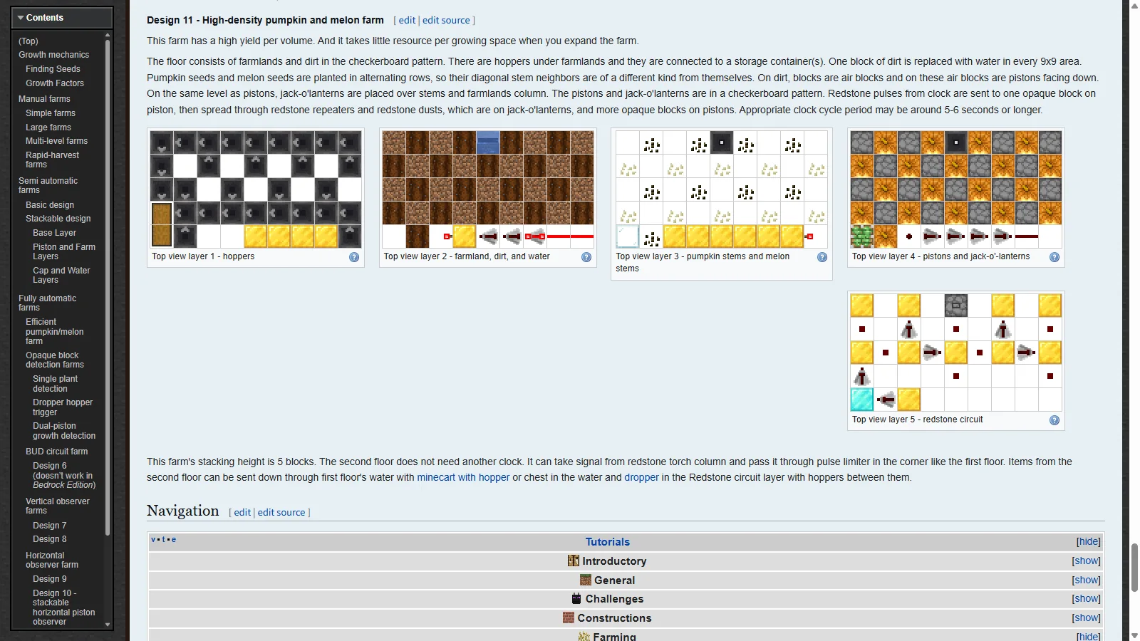 Minecraft Wiki 호박·수박 농장 문서의 고밀도 설계 층별 그림
